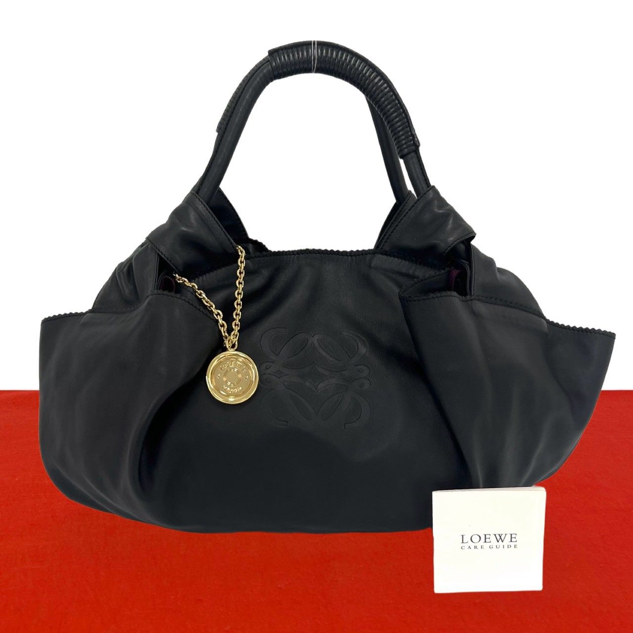 極 美品 希少品 LOEWE ロエベ ヴィンテージ ナッパ アイレ アナグラム レザー 本革 ハンドバッグ トートバッグ ブラック 黒 29261