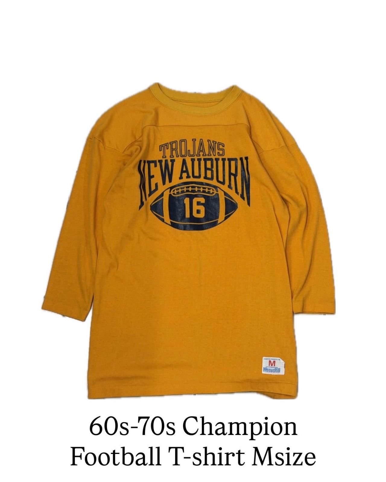 【 60’s~70’s USA製 / Champion Football Tee 】アメリカ製　チャンピオン　フットボールTシャツ　３段プリント　マスタード　Mサイズ