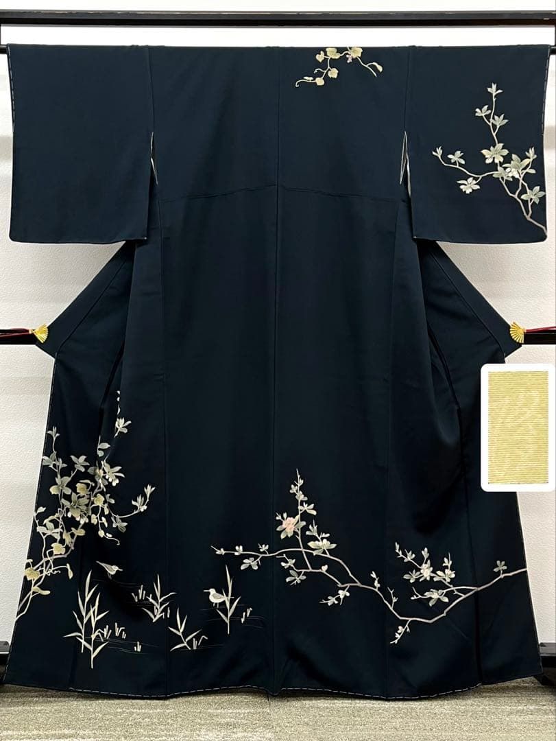 作家物 落款入 訪問着 手描き 鳥 正絹 躾糸付き A396