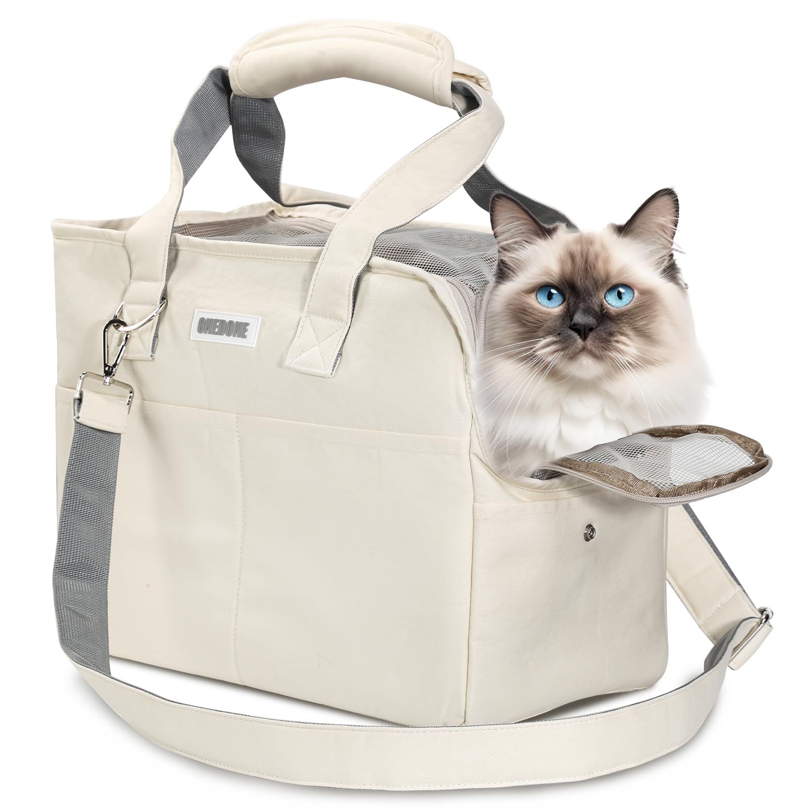 ONEDONE ペット キャリーバッグ マット付き 小型犬 猫用 キャリー ショルダー 手提げキャリーバッグ 通気性 2WAY ペットハウス ケージ 折り畳み お出かけ ドライブ 旅行 キャリー (オフホワイト) 0