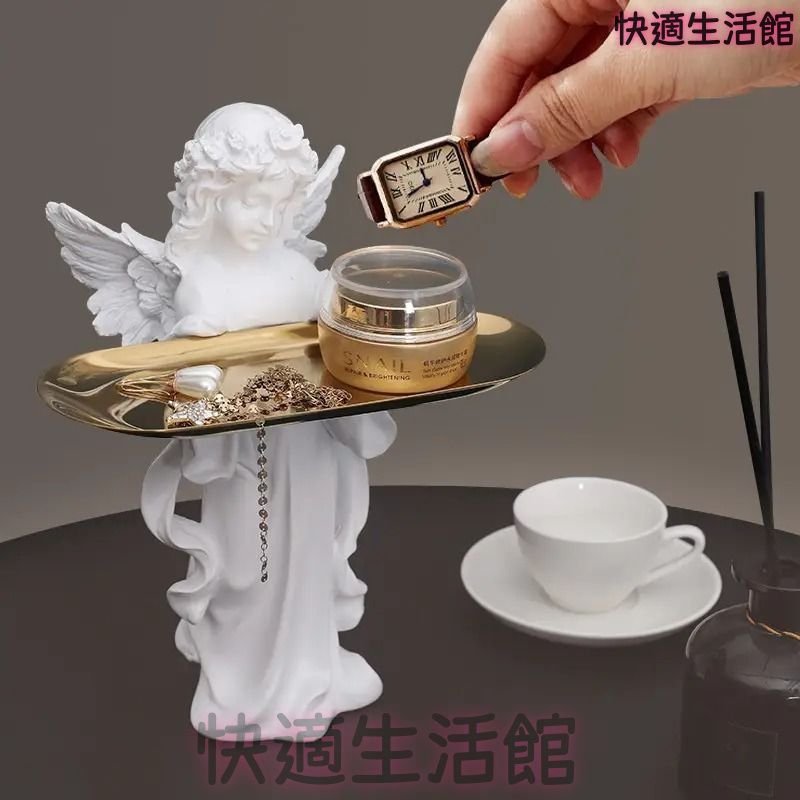 祈りの天使像　天使置物　ホワイト　インテリア小物　雑貨　インテリア装飾品　鍵　アクセサリー収納　ホームデコレーション　リビングルーム　玄関小物　天使　オブジェ　トレー付き　オフィス装飾　樹脂　電気不要　プレゼント　ギフト　祝祭　贈り物 gyp730