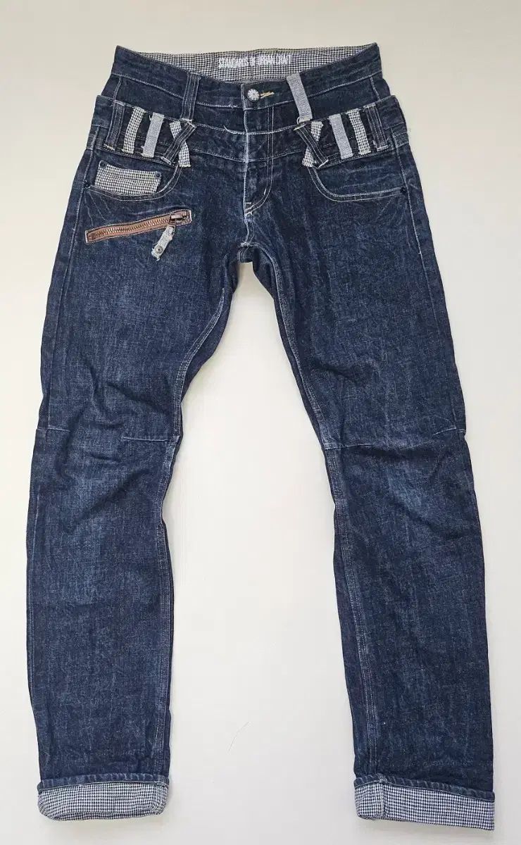 (ジャパン)STANDARDS OF URBAN CRAFT ダブル ウェスト ロールアップ CHECK パッチワーク デニム パンツ