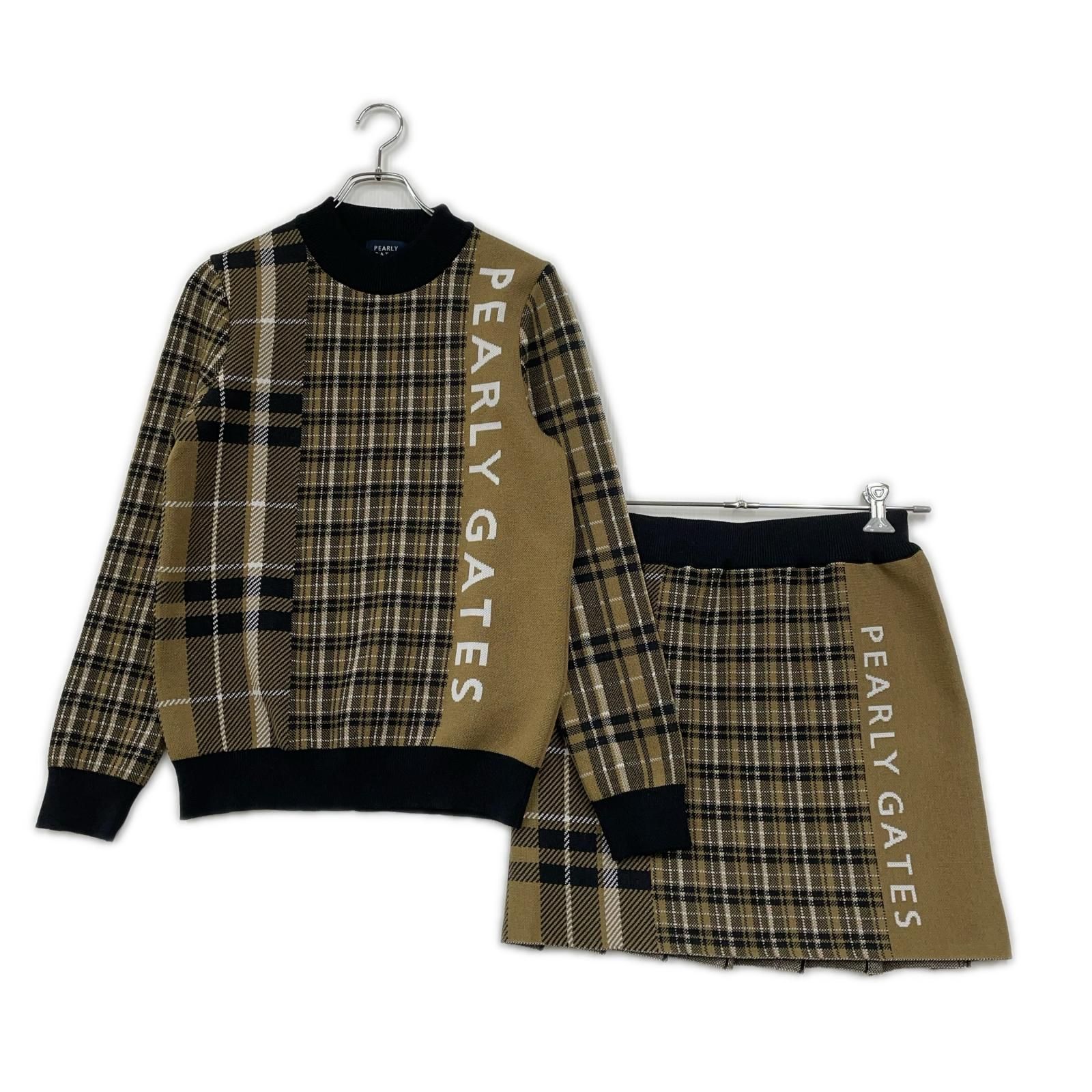中古 レディース パーリーゲイツ PEARLY GATES セットアップ 2(L) ブラウン系 茶系 訳あり上下サイズ違い 長袖ニット×スカート チェック柄