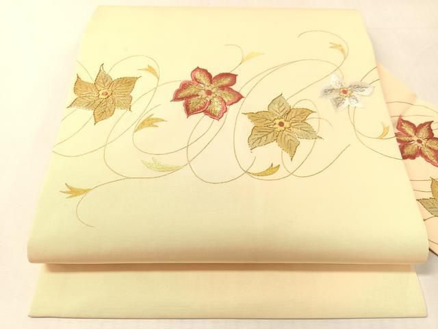 平和屋着物●塩瀬　九寸名古屋帯　駒刺繍　草花文　金銀糸　正絹　逸品　CABL0022vp