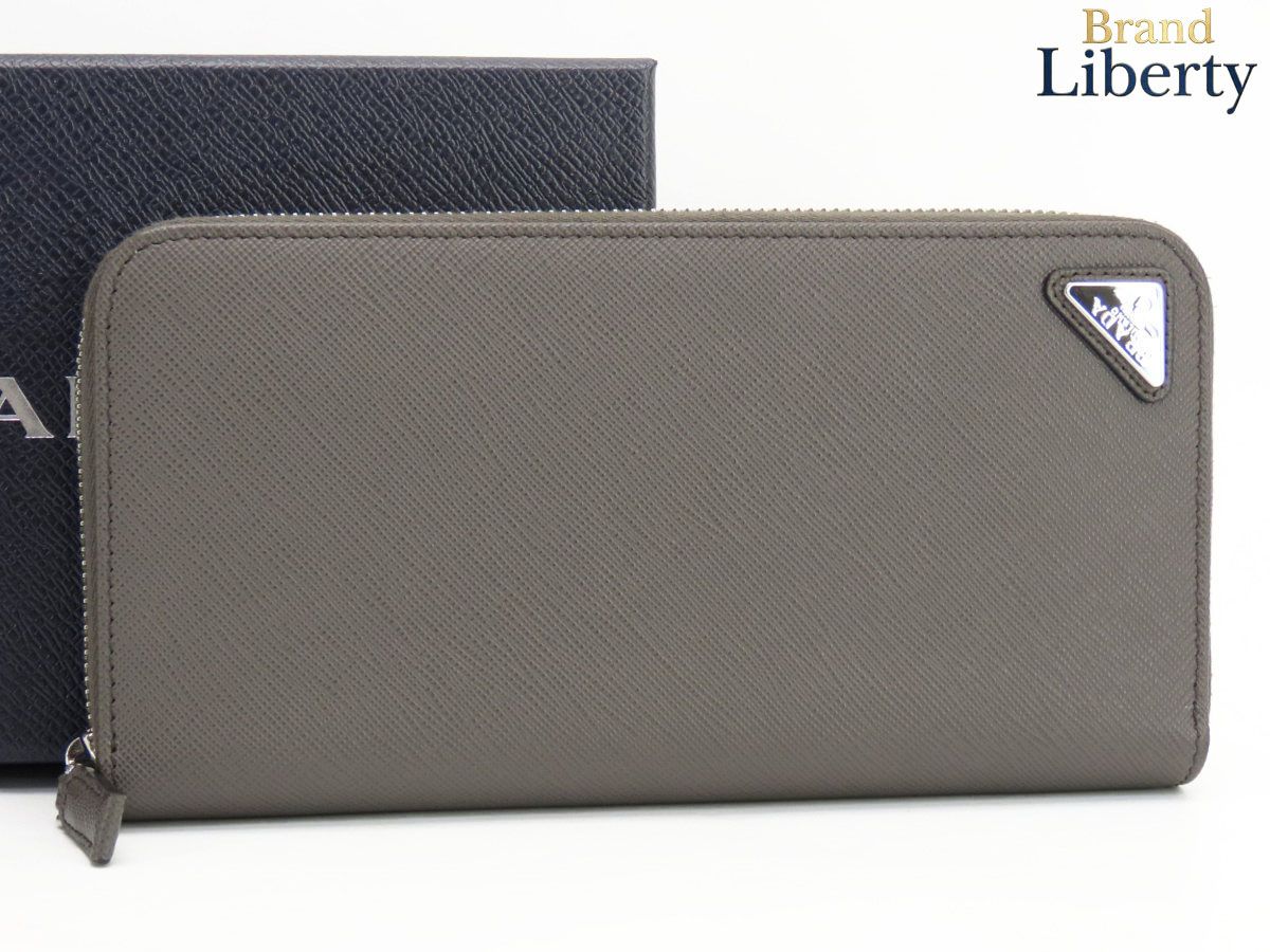 【ほぼ新品】プラダ PRADA サフィアーノ トライアングル ジップアラウンド財布 ラウンドファスナー長財布 スモーキーグレー レザー 2ML317