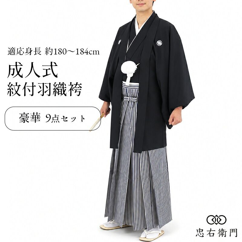 紋付羽織袴 メンズ 成人式 9点セット 黒 適応身長180～184cm 男性用 着物 送料無料 即日発送
