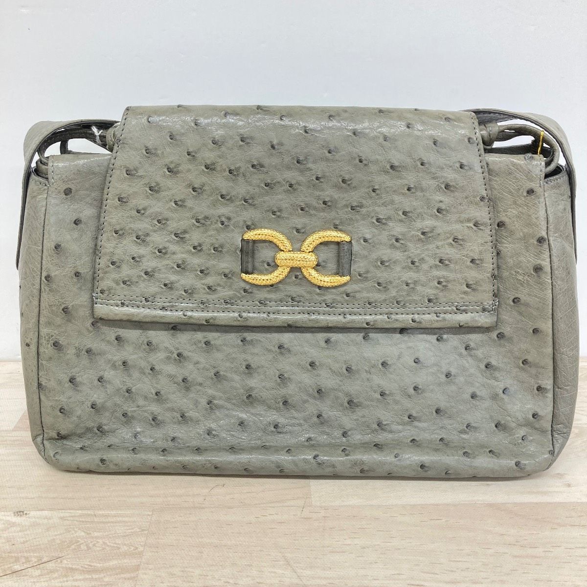 オーストリッチ ショルダーバッグ グレー系 ゴールド金具 ダチョウ革 