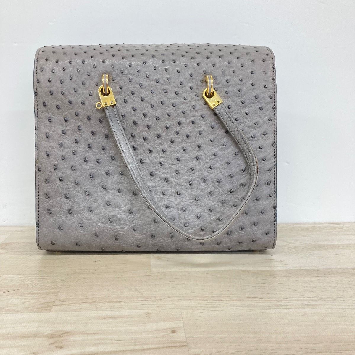 オーストリッチ エキゾチックレザー ハンドバッグ グレー系 