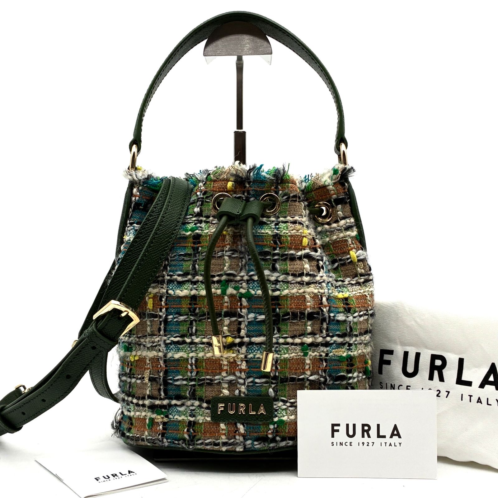 未使用に近い フルラ FURLA クリオ 2way ハンドバッグ ショルダーバッグ 巾着 ツイード レザー グリーン 緑 斜め掛け クロスボディ 夏休み 帰省 お盆 敬老の日 シルバーウィーク 秋 ギフト プレゼント