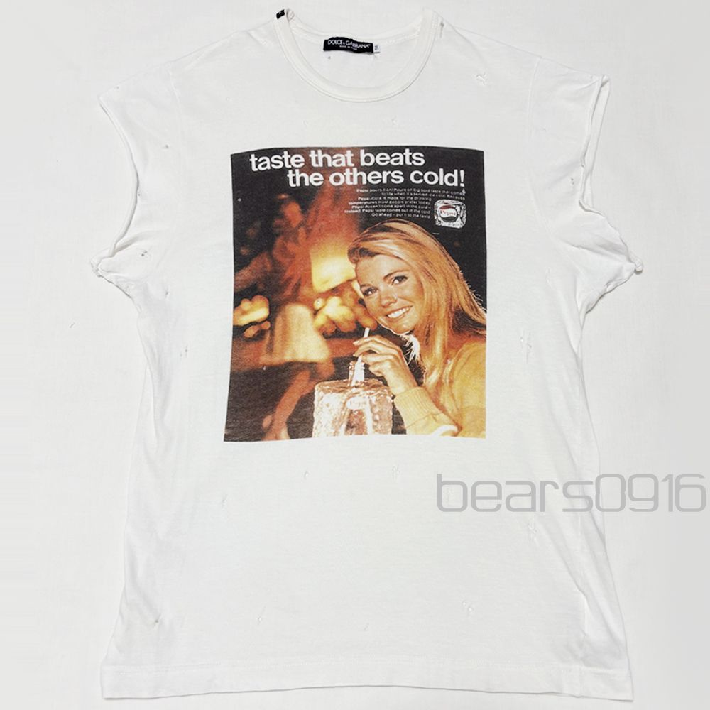 【希少アーカイブ】ドルチェ&ガッバーナ 半袖Tシャツ メンズ 50 M~L位 白 ペプシコーラ 染み込みプリント フレンチスリーブ カットオフ ハードクラッシュ加工 DOLCE&GABBANA 2003年代 イタリア製 公式ライセンス Y2K USED品