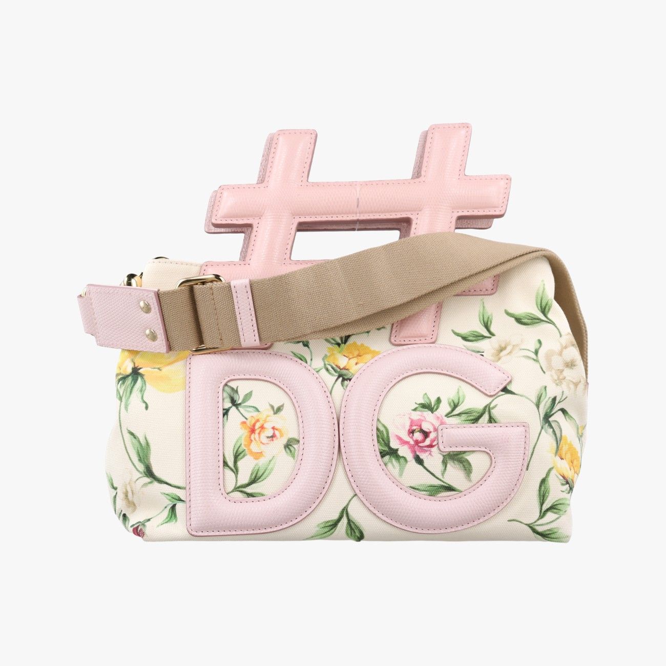ドルチェ＆ガッバーナDolce & Gabbanaフローラルプリント インスタバッグ ホワイトxマルチカラー キャンバス×レザー 40