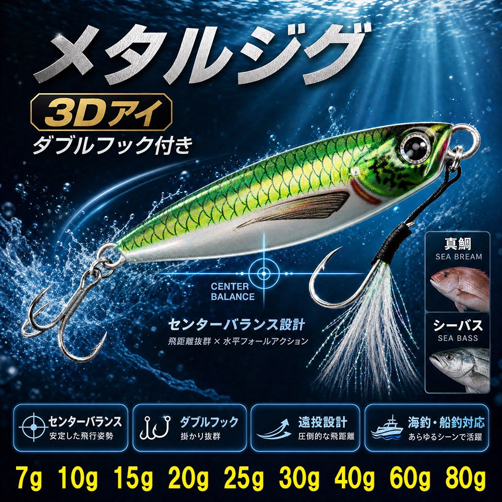 Metal Jig 3D Eye with Double Hooks Center Balance Long Throw Sea Fishing Boat Fishing Red Sea Bass Fishing Lure Fishing Tackle 60g Green