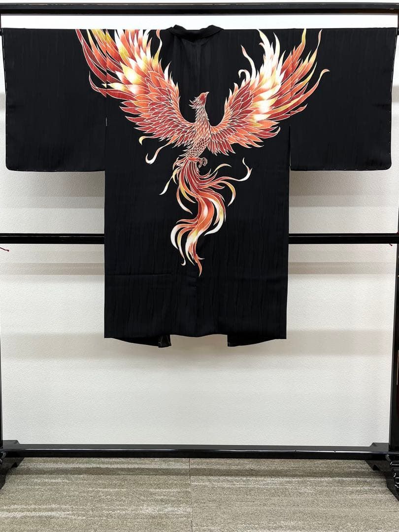 秀美 十日町友禅 長羽織 鳳凰 鳥 正絹 躾糸付き 黒地 A402