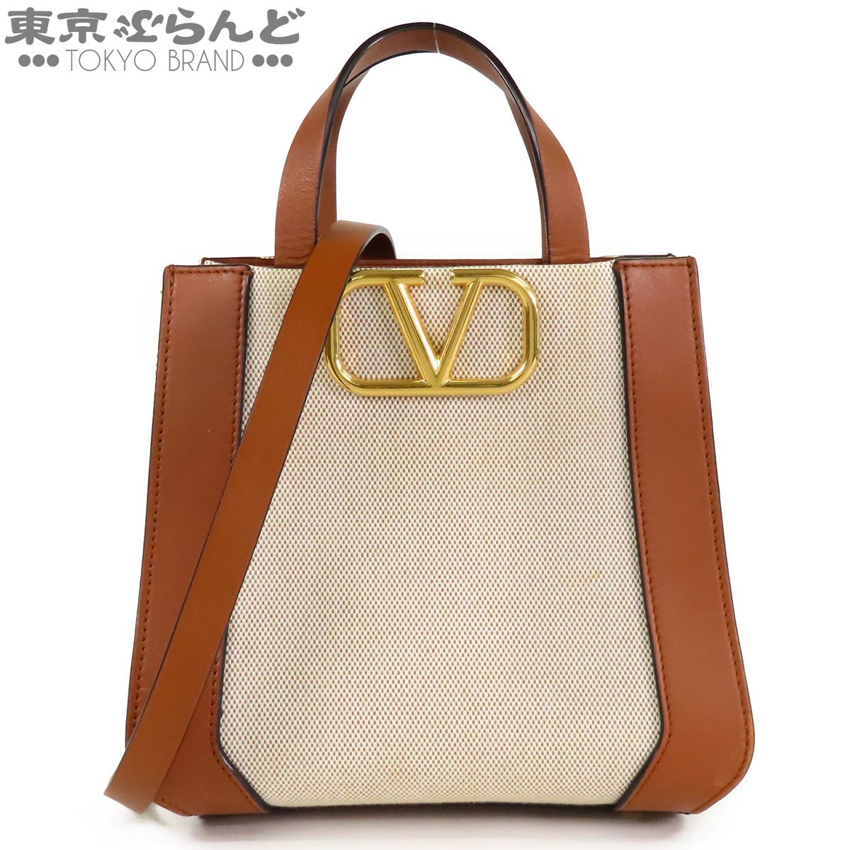 ヴァレンチノガラヴァーニ Valentino Garavani ハンドバッグ ナチュラルxブラウン レザー キャンバス Vロゴ シグネチャー 2WAY ショルダーバッグ レディース 101883318