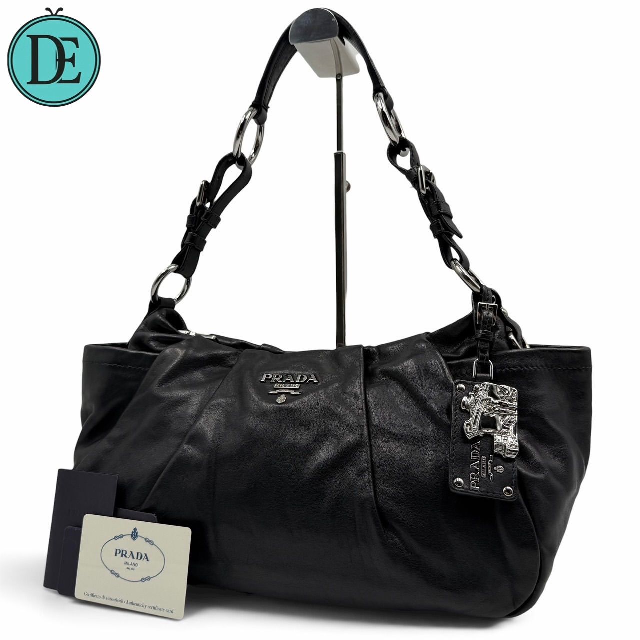 【良品】PRADA prada プラダ ショルダーバッグ セミショルダーバッグ ワンショルダーバッグ ナッパレザー PRADAロゴ メタルチャーム シルバー金具 レディース 手提げ 肩掛け 白タグ有