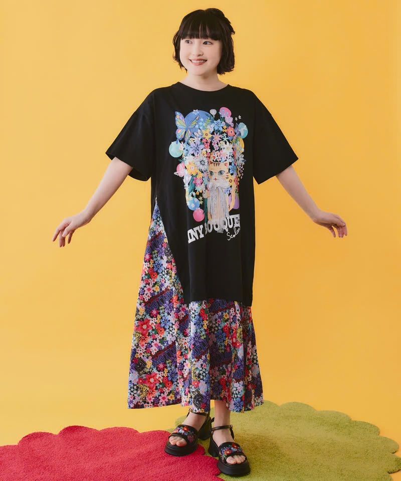 ScoLar(スカラー）レースリボン×花ネコプリント 花柄スリット切替ワンピース　オフホワイト、ブラック、イエロー　162670 7,498円
