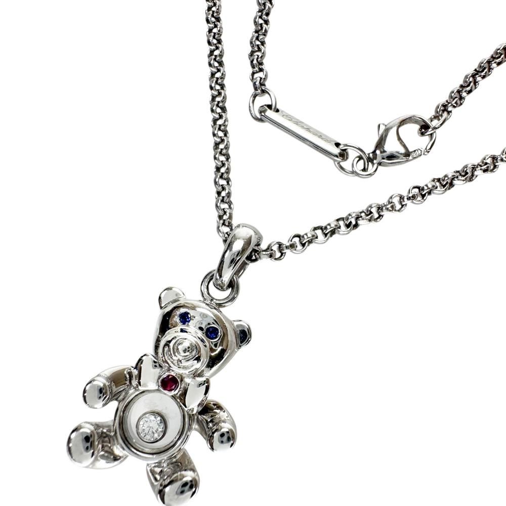 【Chopard/ショパール】ハッピーダイヤ クマモチーフ 1Pダイヤモンド ルビー サファイア ネックレス K18WGホワイトゴールド 18金 14.1g 42.5cm 79/2226 レディース 【中古】【真子質店】【GD】