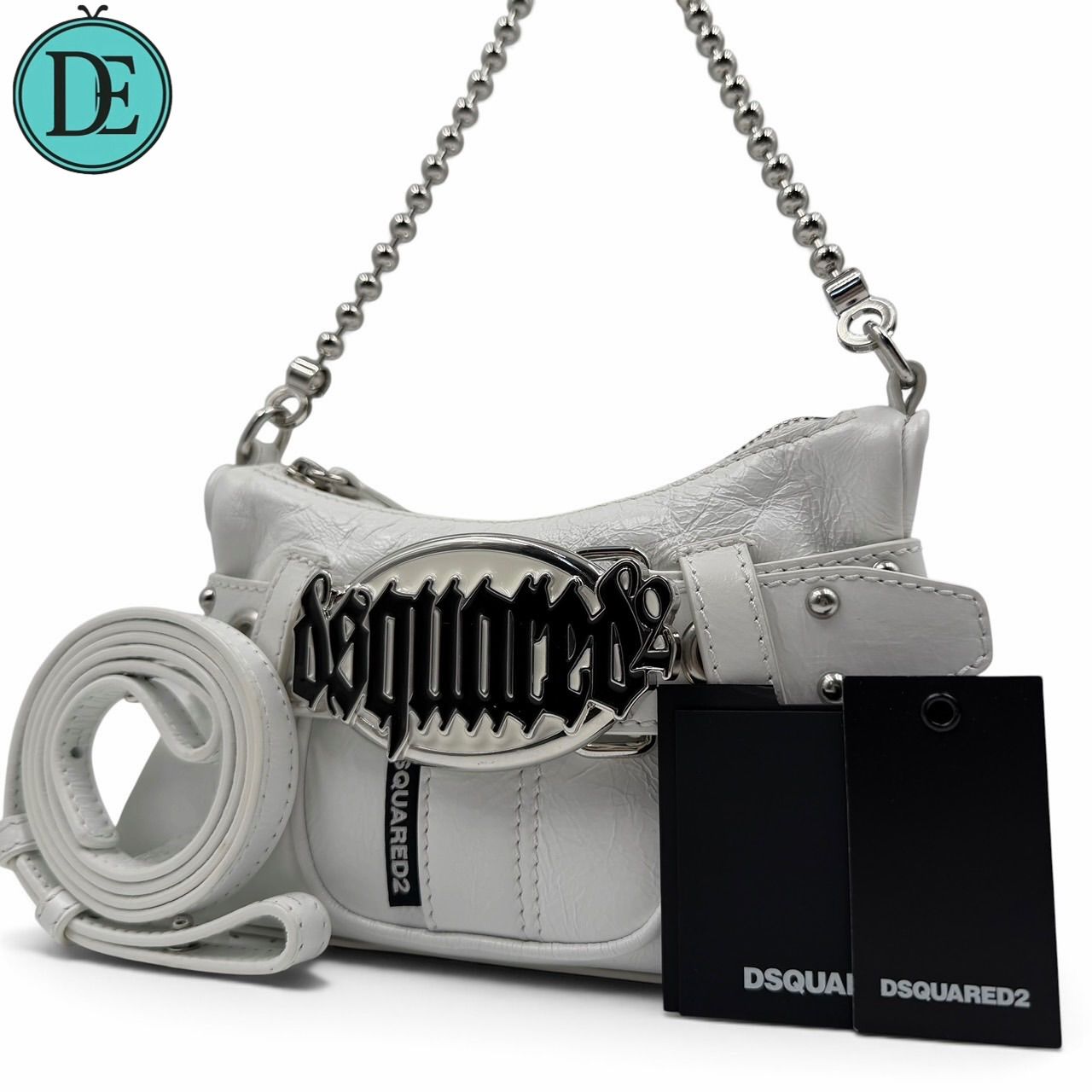 【良品】DSQUARED2 dsquared2 ディースクエアード チェーン ショルダーバッグ ハンドバッグ 2way ゴシックベルト ロゴプレート ボールチェーン シルバー金具 レディース 肩掛け 34,450円