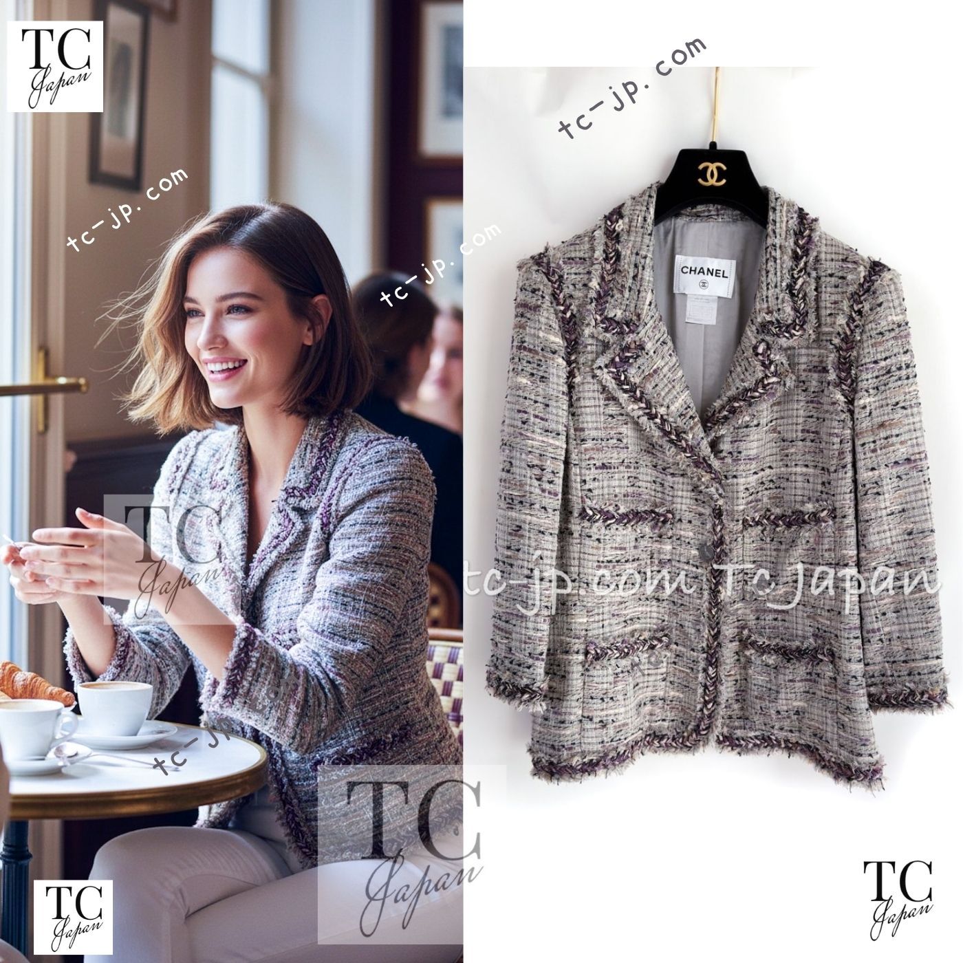 シャネル ジャケット CHANEL グレー パープル ブレイド トリム CC握手ボタン ルサージュ ツイード カール・ラガーフェルド 98万 超美品 38