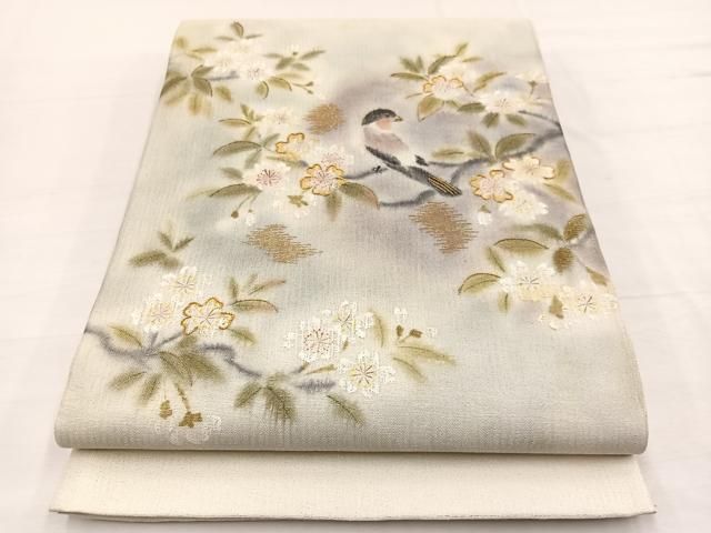平和屋着物＊夏物　太鼓柄袋帯　手描き　駒刺繍　休み鳥枝桜文　金糸　正絹　逸品　BAAY4040hv