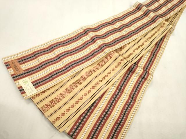 平和屋着物●本場筑前博多織　両面　半幅帯　縞　献上　証紙付き　正絹　逸品　未使用　CABJ2267dy 9,100円