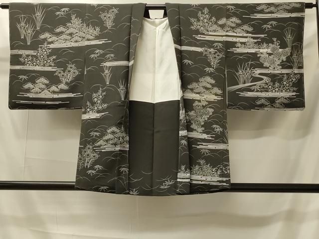 平和屋着物＃羽織　流水草花文　黒地　正絹　逸品　未使用　CABI6167in