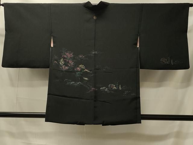 平和屋着物＃羽織　寿光織　渡り橋風景文　黒地　金糸　正絹　逸品　CABI6148in