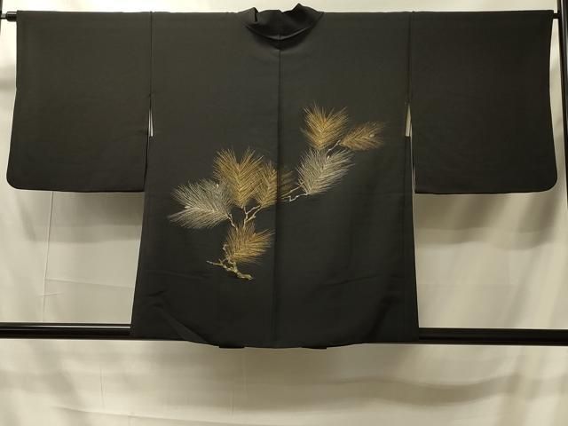 平和屋着物＃羽織　寿光織　枝松葉文　黒地　金銀糸　正絹　逸品　CABI6113in