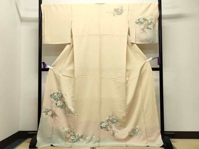 平和屋着物●訪問着　駒刺繍　流水地紙花文　暈し染め　金彩　ロング丈　正絹　逸品　CABI0627gh