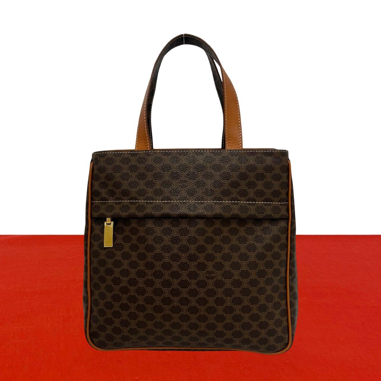 極 美品 CELINE セリーヌ ヴィンテージ マカダム ブラゾン 柄 トリオンフ レザー 本革 ハンドバッグ ミニ トートバッグ ブラウン 58218
