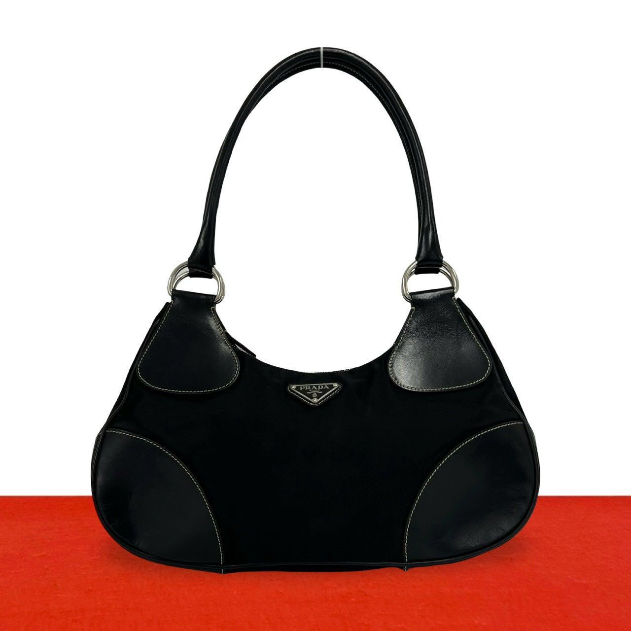 極 美品 PRADA プラダ 三角ロゴ 金具 ナイロン レザー セミ ショルダー