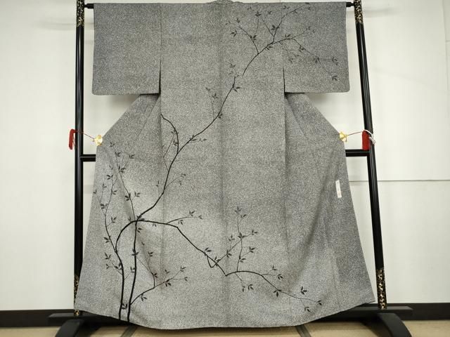 平和屋着物○訪問着 作家物 俊 枝葉文 たたき染め 黒地 正絹 逸品