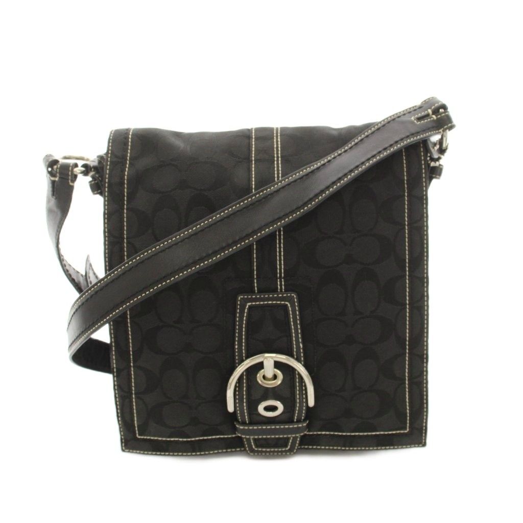 コーチ COACH ソーホーシグネチャーヒッピーフラップショルダーバッグ キャンバス レザー 黒 ブラック 10082 /YT ■GY11