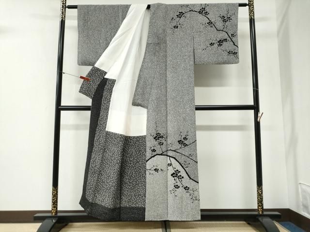 平和屋着物▽男性　二代目 川村久太郎　訪問着　単衣　笹竹文　キングサイズ　正絹　逸品　AABI4674jh 平和屋着物○二代目 川村久太郎 訪問着 枝梅文 たたき染め 黒地 正絹