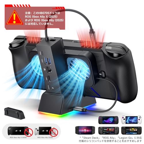 JSAUX RGB ドッキング ステーション (ROG Ally X/ROG Ally/Steam Deck/Legion Go対応)、7-in-1 ドック (HDMI 4K@120Hz、ギガビット イーサネット、デュアル USB & USB 2d159da0