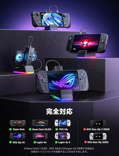 JSAUX RGB ドッキング ステーション (ROG Ally X/ROG Ally/Steam Deck/Legion Go対応)、7-in-1 ドック (HDMI 4K@120Hz、ギガビット イーサネット、デュアル USB & USB 2d159da0