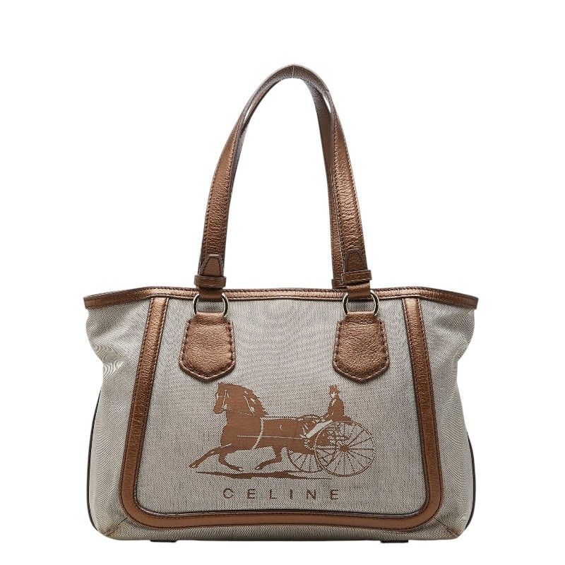セリーヌ ロゴ 馬車 ハンドバッグ トートバッグ ブラウン キャンバス レザー レディース CELINE【1-0278214】