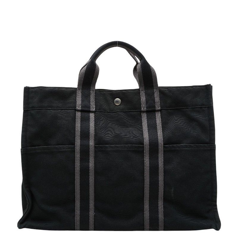 エルメス フールトゥMM トートバッグ ハンドバッグ ブラック グレー コットン レディース HERMES【252-79815】