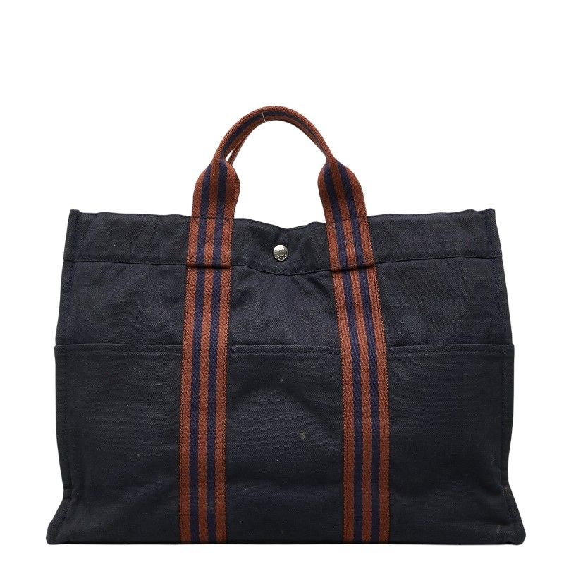 エルメス フールトゥMM トートバッグ ハンドバッグ ネイビー ブラウン コットン レディース HERMES【252-79822】