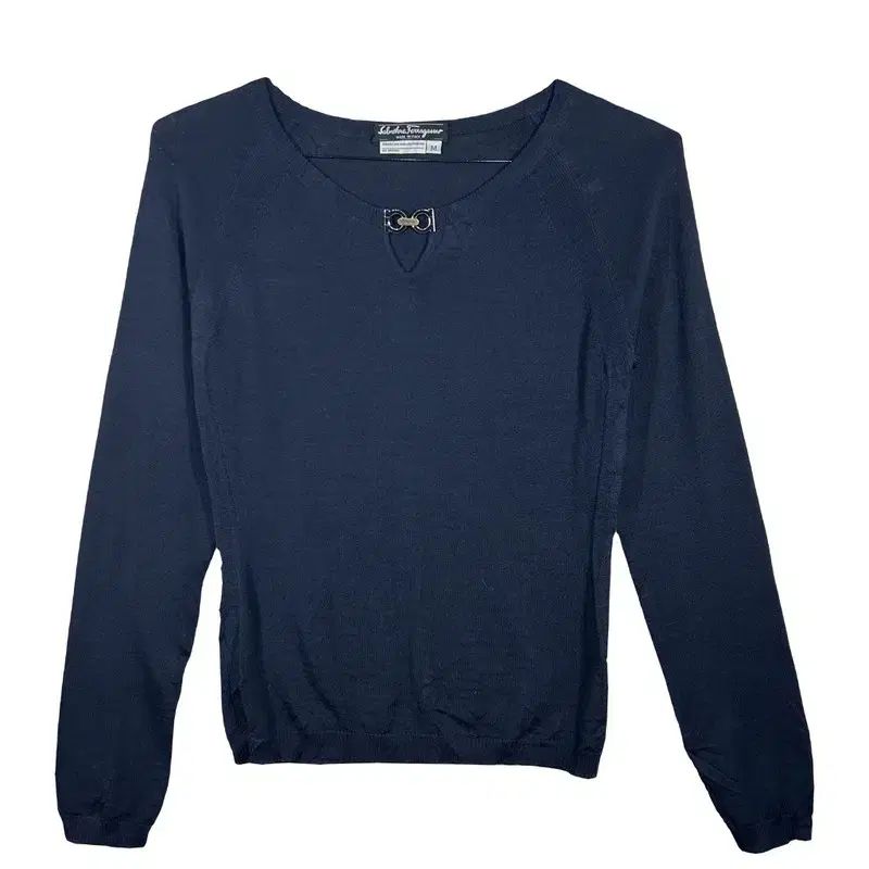 FERRAGAMO フェラガモ ネイビー 装飾 POINT ニット M ウール 100%