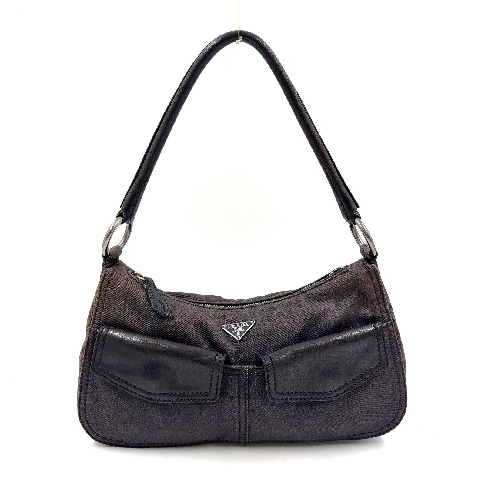 【新着】PRADA フロントポケット レザー、デニム ブラック ワンショルダーバッグ シルバー