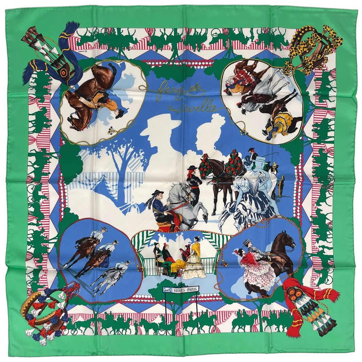 エルメス HERMES カレ90 feria de sevilla スカーフ セビリアの休日 シルク グリーン ブルー マルチカラー レディース 【中古】