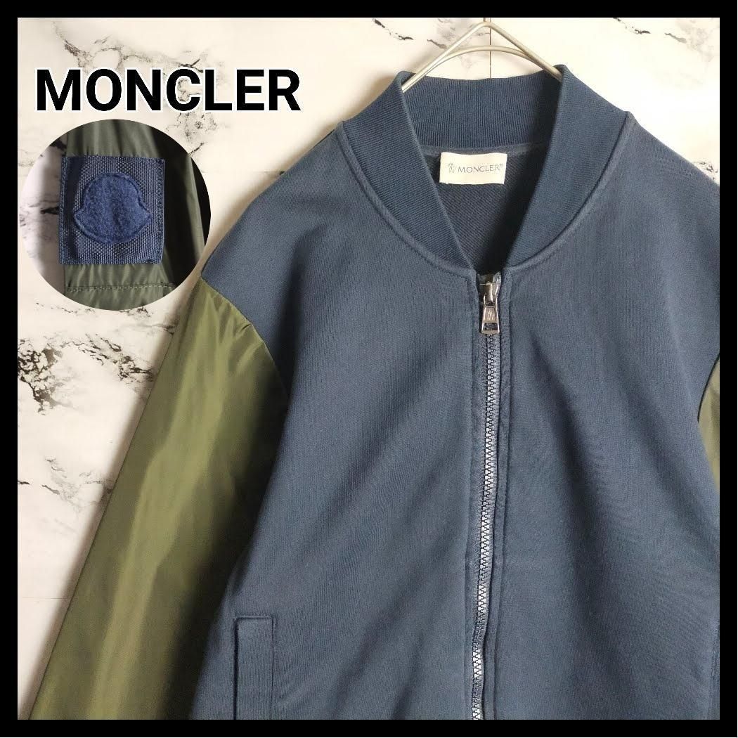 MONCLER モンクレール 異素材 ブルゾン S 紺 カーキ 袖ワッペン ロゴ ナイロンジャケット ニット切替 MA-1 ドッキング 希少 26,640円