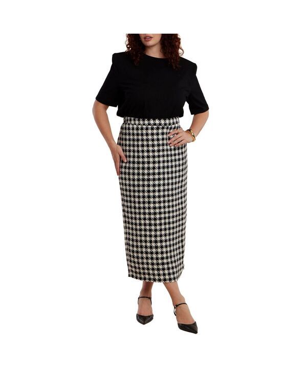 エロクイ レディース ボトムスカート プラスサイズ マキシ ELOQUII Womens Plusize Houndstooth Column Maxi Skirt Black white hound