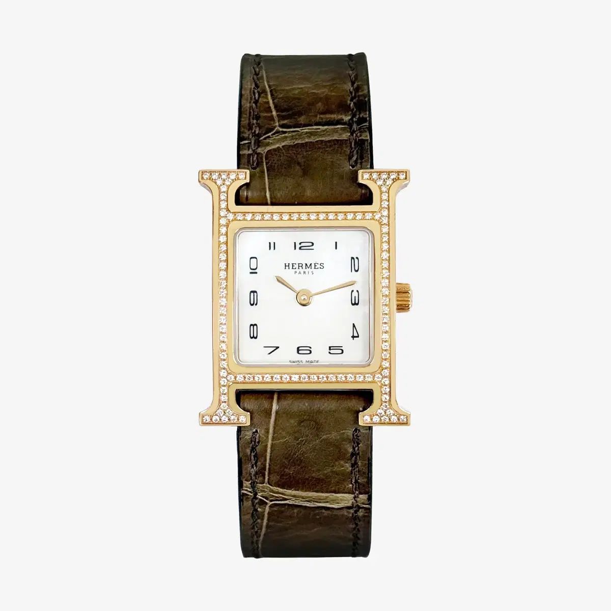 エルメス Hウォッチ 18K ローズゴールド ベゼル ダイヤモンド アラビアン数字 アラビアン数字 アラビアン数字 アリゲーター ストラップ ADARRPEQ