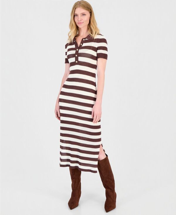 ティー・タハリ レディース トップス ワンピース ポロシャツ ミディ 半袖 Tahari Womenstriped ShortSleeve Polo Midi Dress Cocoa Bean ココア