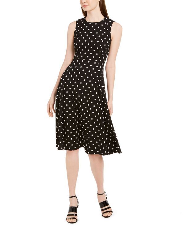 カルバンクライン レディース トップス ワンピース ドット Calvin Klein PolkaDot Fit Flare Dress BlackWhite ホワイト