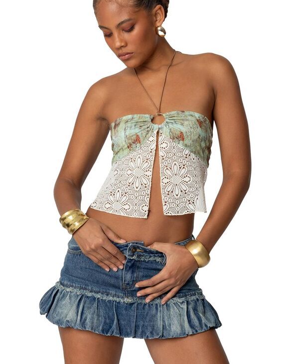 アディクテッド レディース トップス シャツ 背中開き Edikted Womens Kloe Backless Crochet Split Frontop Green グリーン
