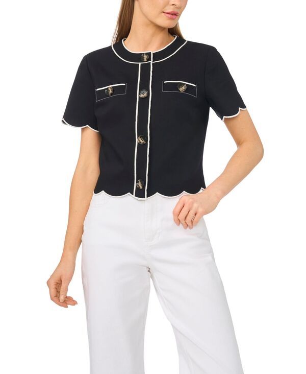 セセ レディース アウター ジャケット・ブルゾン 半袖 コントラスト CeCe WomenshortSleeve Contrast Scallop Jacket Rich Black ブラック
