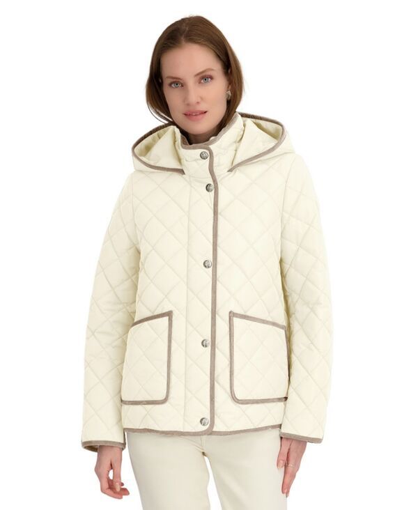 タハリ レディース アウター コート キルティング Tahari Womens Hooded Cordouroy Trim Quilted Coat Eggshell